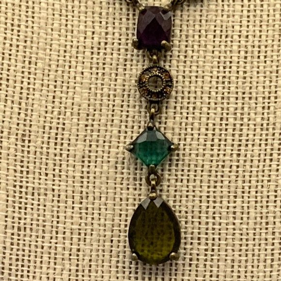 Bronze Multicolor Y-drop Necklace Turquoise Maroon Peach Rhinestone - Picture 2 of 5